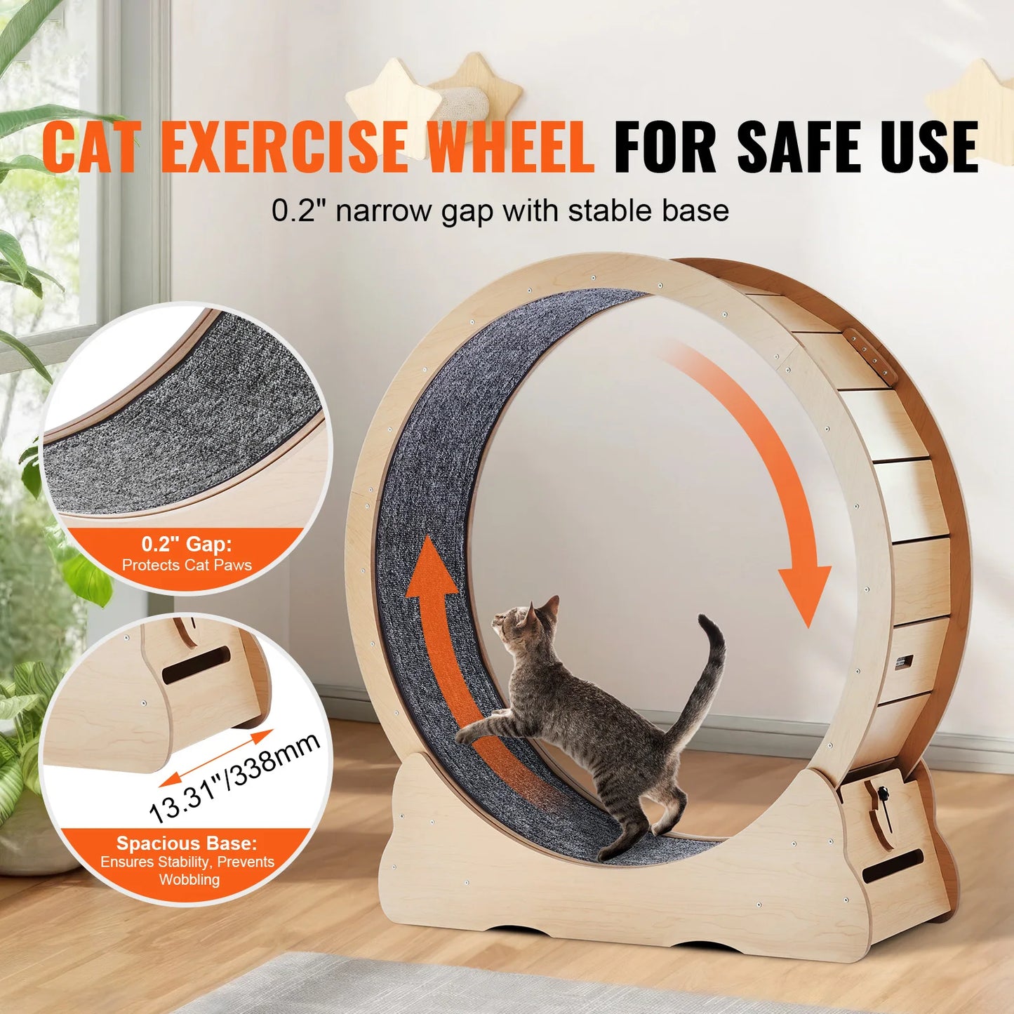 PremiumSolidWood Wooden Cat Exercise Wheel Indoor Running Solution Detachable Carpet