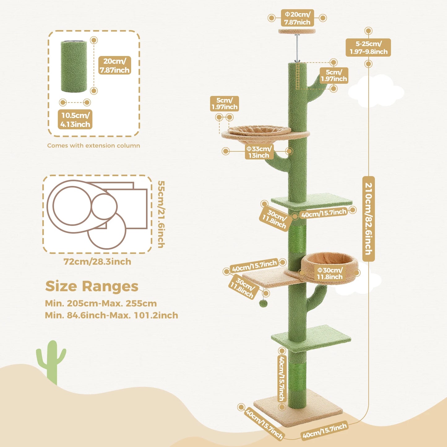 PEQULTICN Adjustable Height Cactus Cat Tree for Indoor Cats