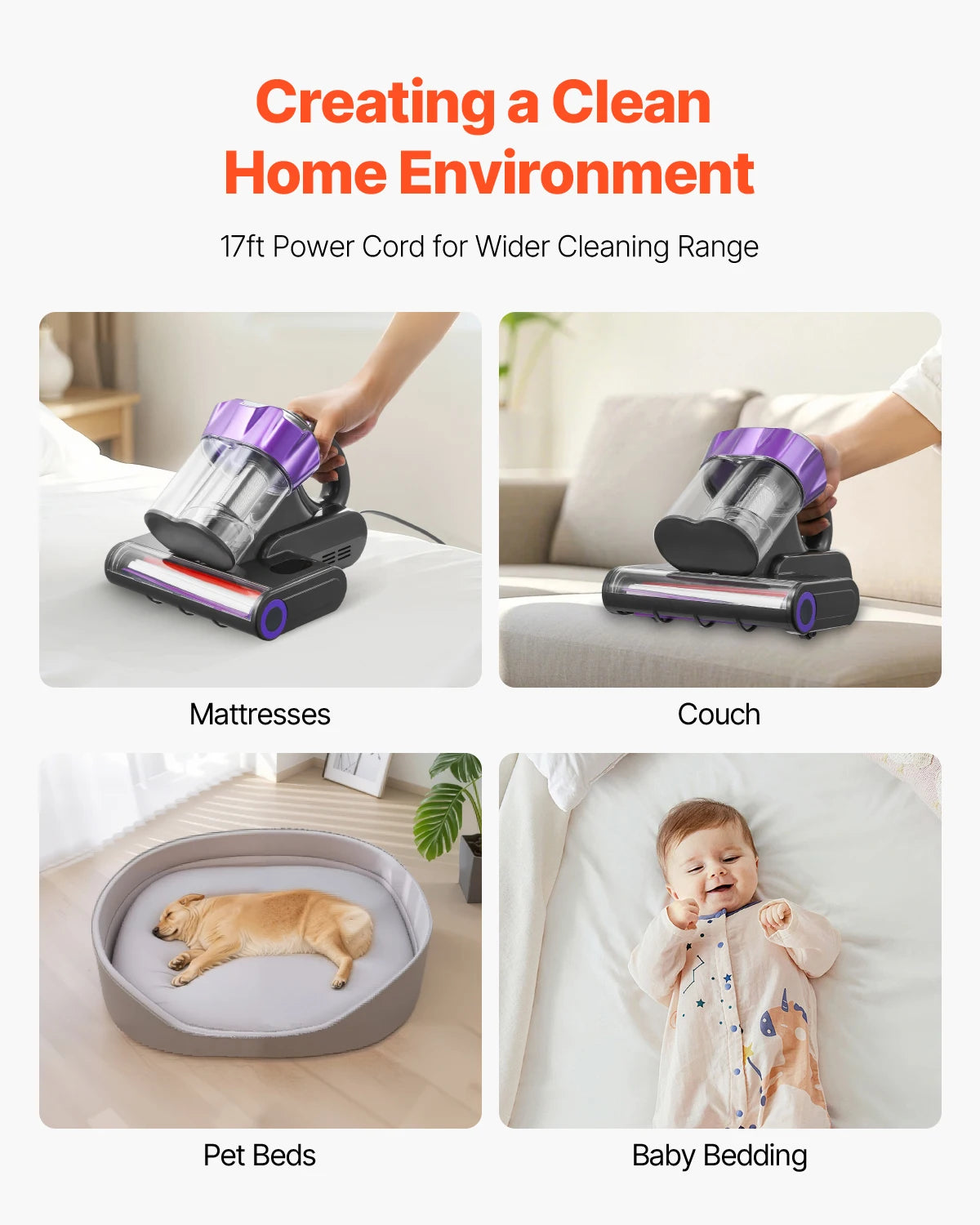VEVOR Mattress Vacuum Cleaner w/ 18Kpa Powerful Suction and Dual Dust Bin HEPA Filter & Heating Ultrasound Handheld for Bed Sofa
