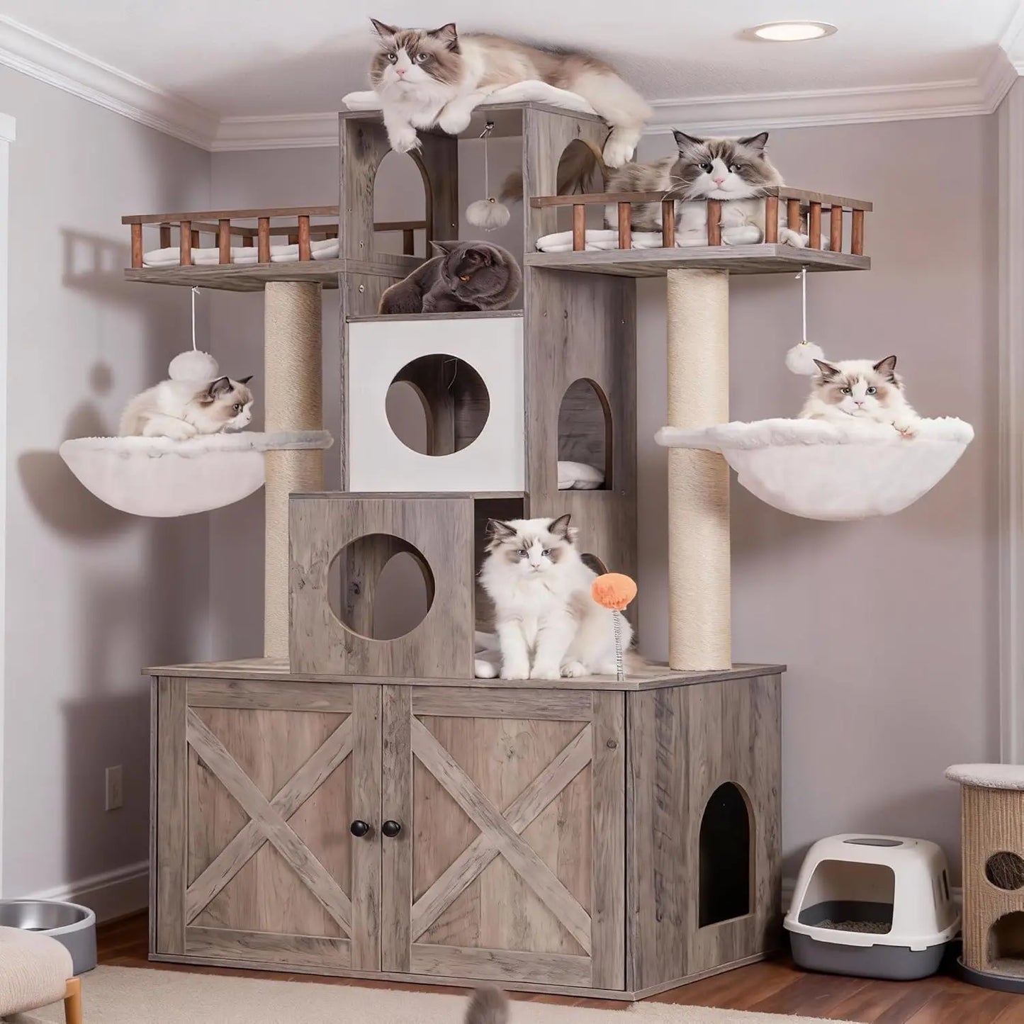 Triple-Tier Cat Tree With Litter Box Enclosure And Scratching Posts