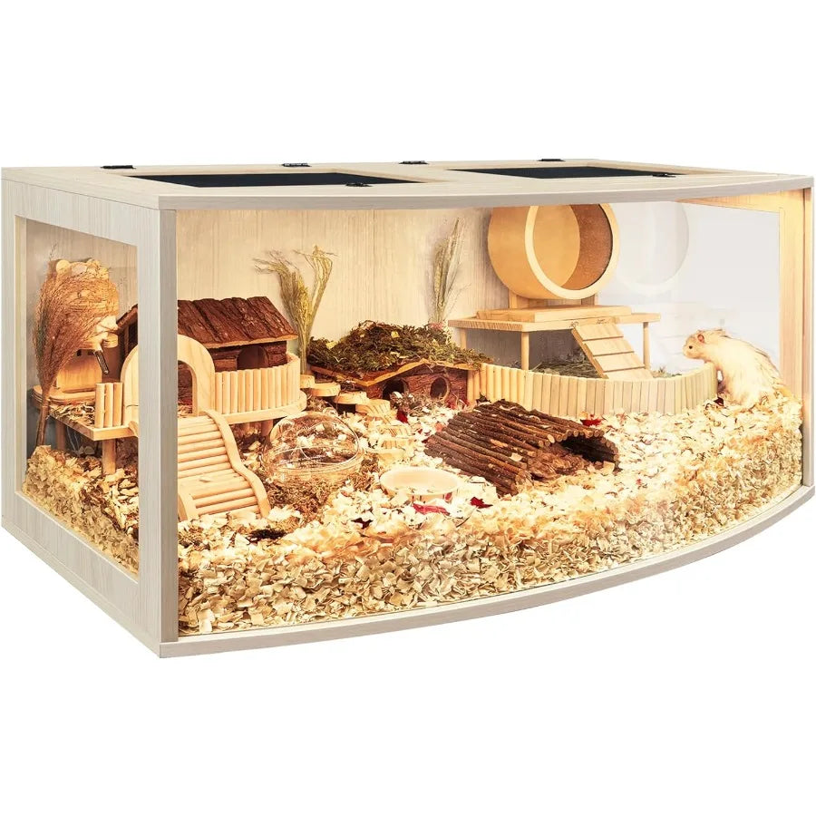 Hamster Cage Chew Proof Wood Hamsters Enclosure Openable Top with Curved Design Waterproof Small Animals Cage with Acrylic Shee