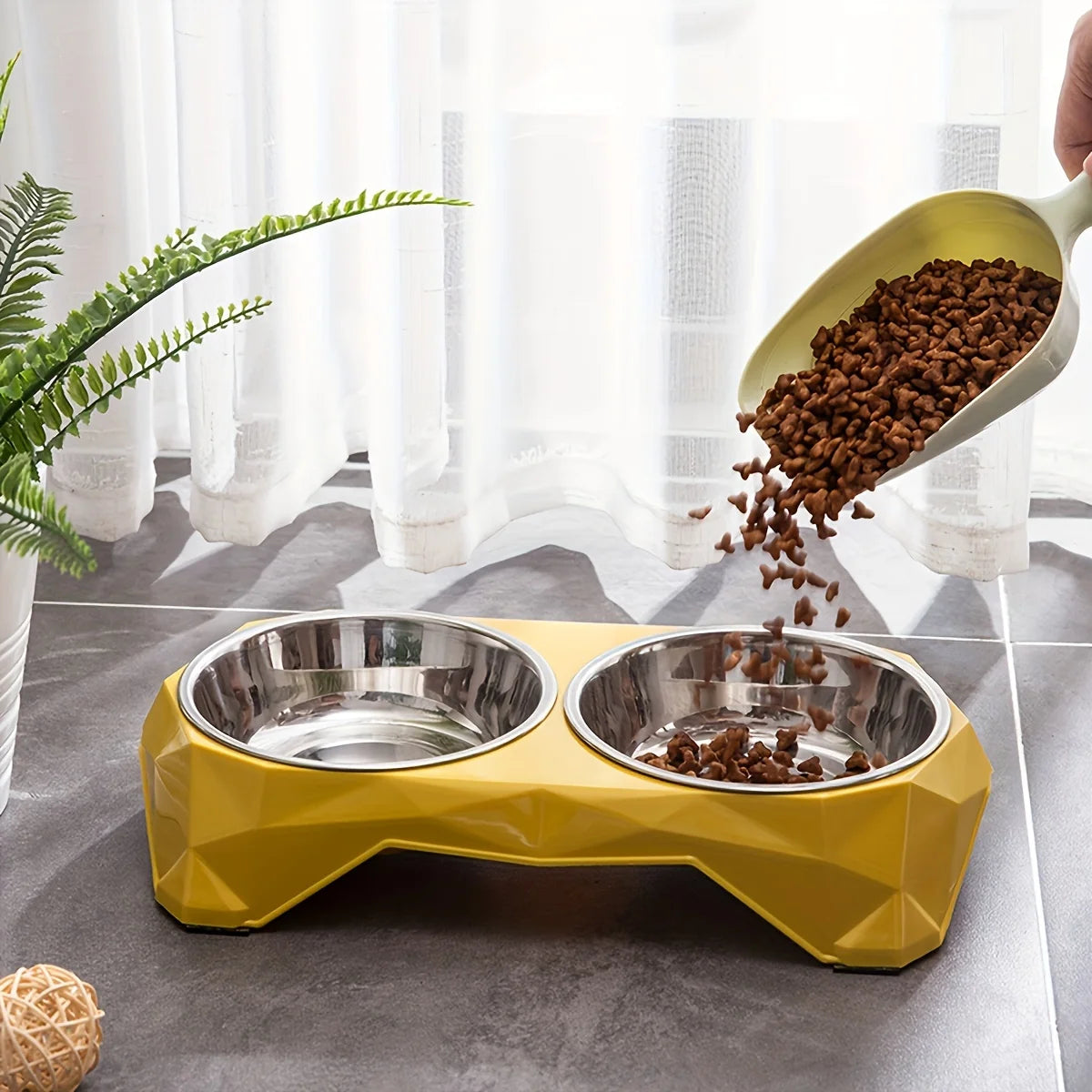 Dog Double Bowl Diamond Pattern Non Slip Food Water Feeder