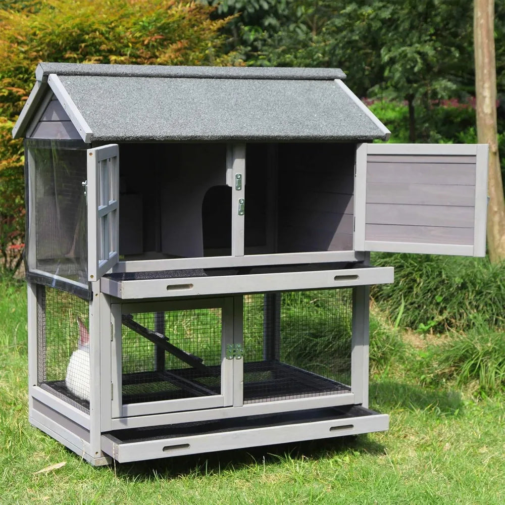 Rabbit Hutch Outdoor Cage With Wheels And Removable Wire Rack