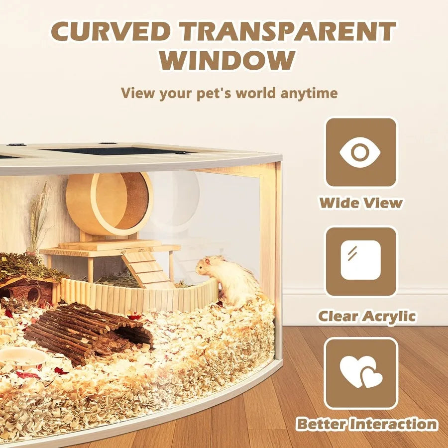 Hamster Cage Chew Proof Wood Hamsters Enclosure Openable Top with Curved Design Waterproof Small Animals Cage with Acrylic Shee