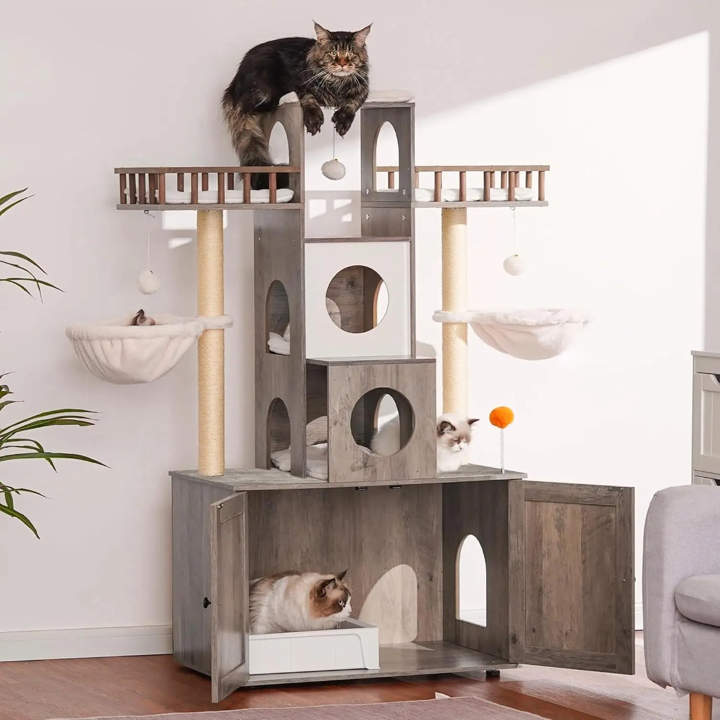 Triple-Tier Cat Tree With Litter Box Enclosure And Scratching Posts