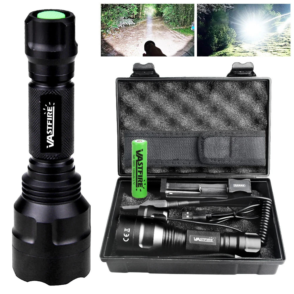 Tactical Hunting Flashlight White/Green/Red Light Torch LED Rifle Lantern+Pressure Switch+Rail Scope Mount+18650+USB Charger