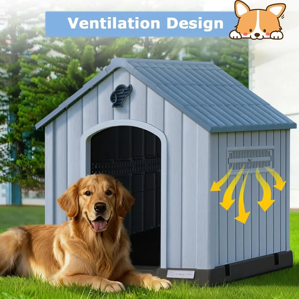 PUKAMI Large Dog House Outdoor Indoor, Plastic Dog House Weatherproof for Large Dogs, Study Puppy Shelter with Air Vents and Ele