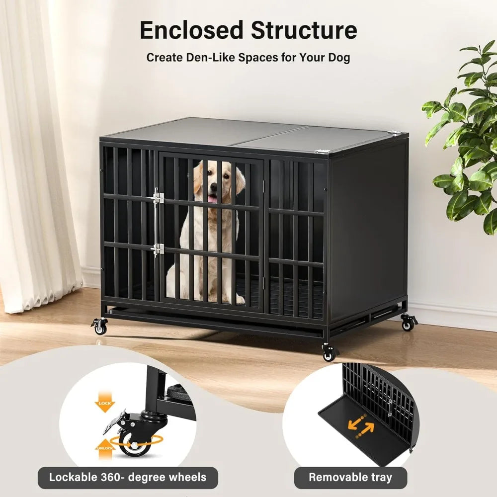 42 Inch Heavy-Duty Dog Crate - Indestructible Steel, Self-Locking Latch, and Chew-Proof Enclosed Design for Large Dogs