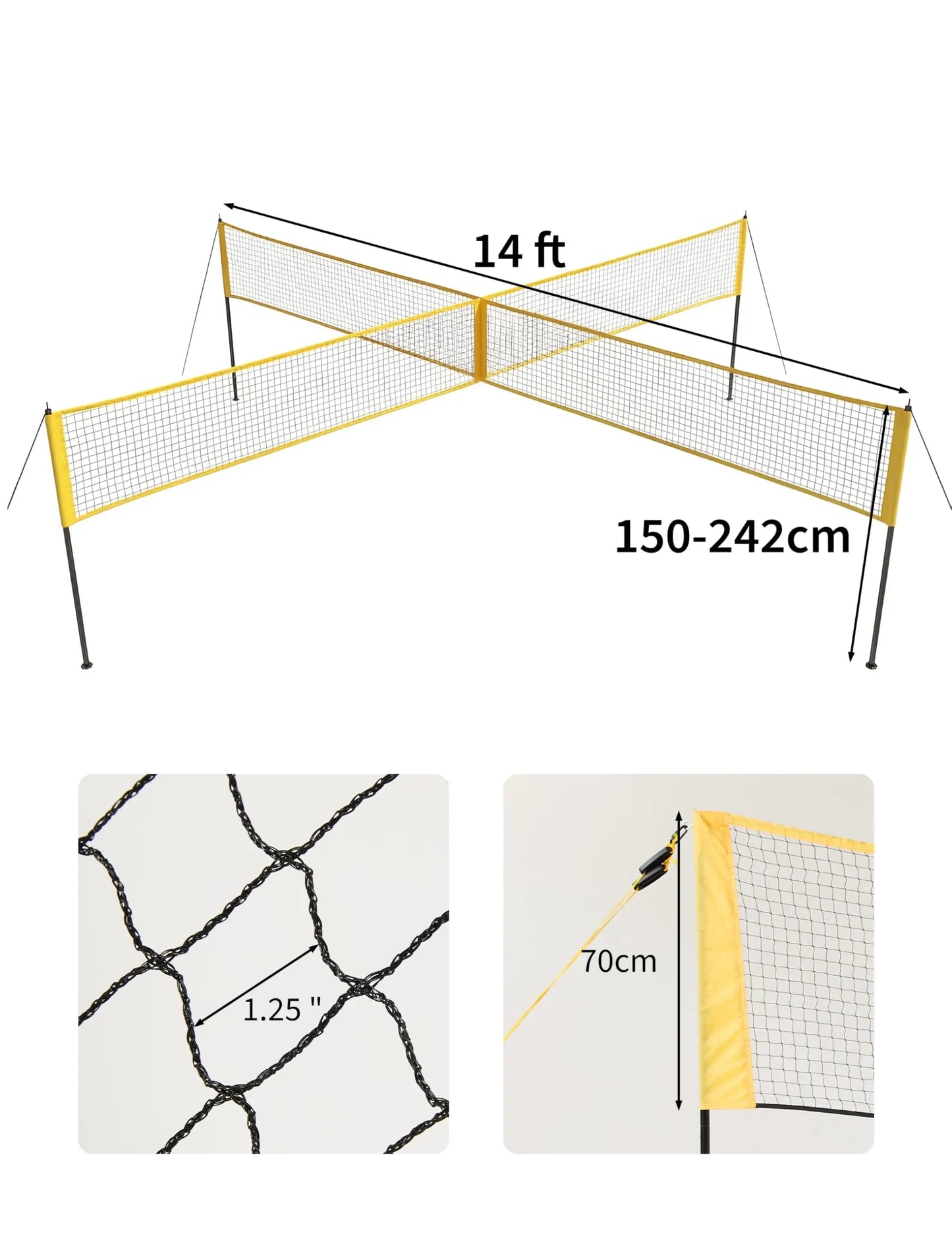 4 Square Volleyball Game Set, 3 Heights Adjustable (5'/6'4”/7'11”), 14 FT 4-Way Volleyball Net with Portable Carrying Bag