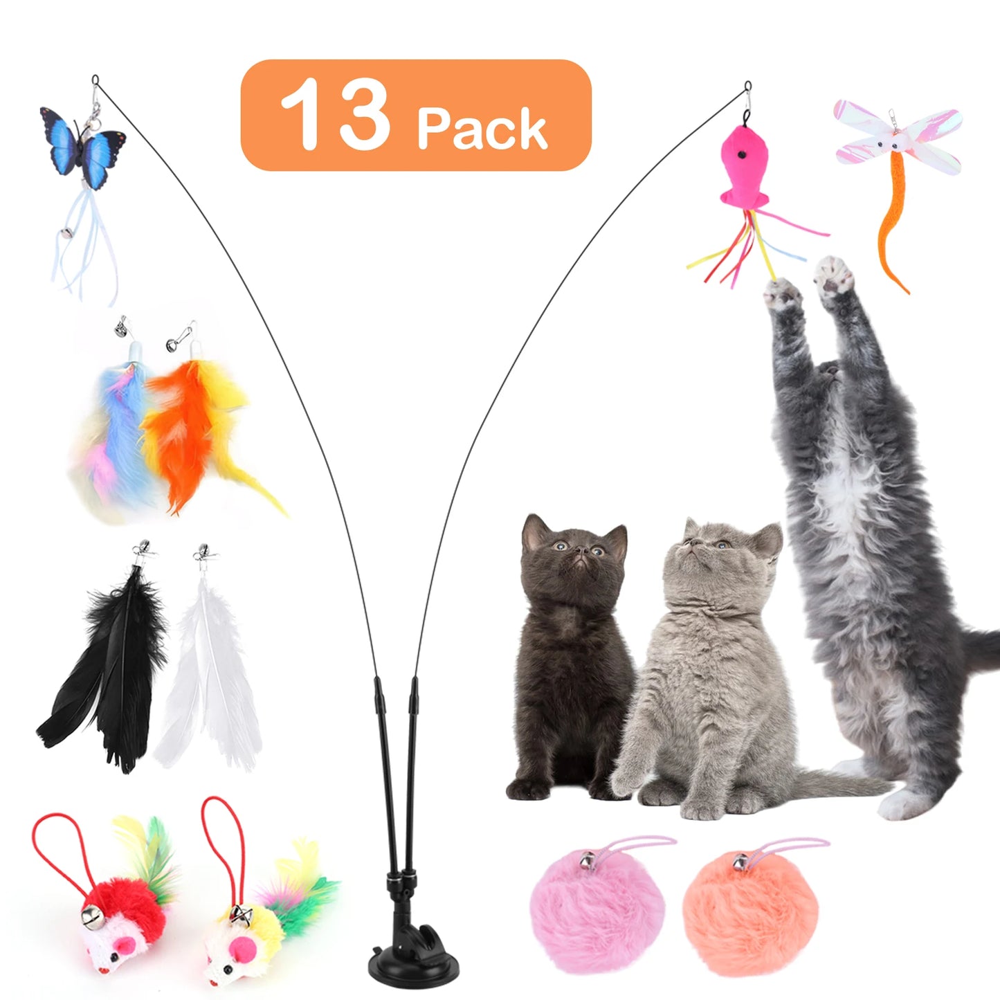Shunmaii Pet Cat Toy Set With Suction Cup Teaser Stick