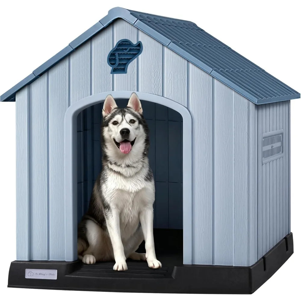 PUKAMI Large Dog House Outdoor Indoor, Plastic Dog House Weatherproof for Large Dogs, Study Puppy Shelter with Air Vents and Ele