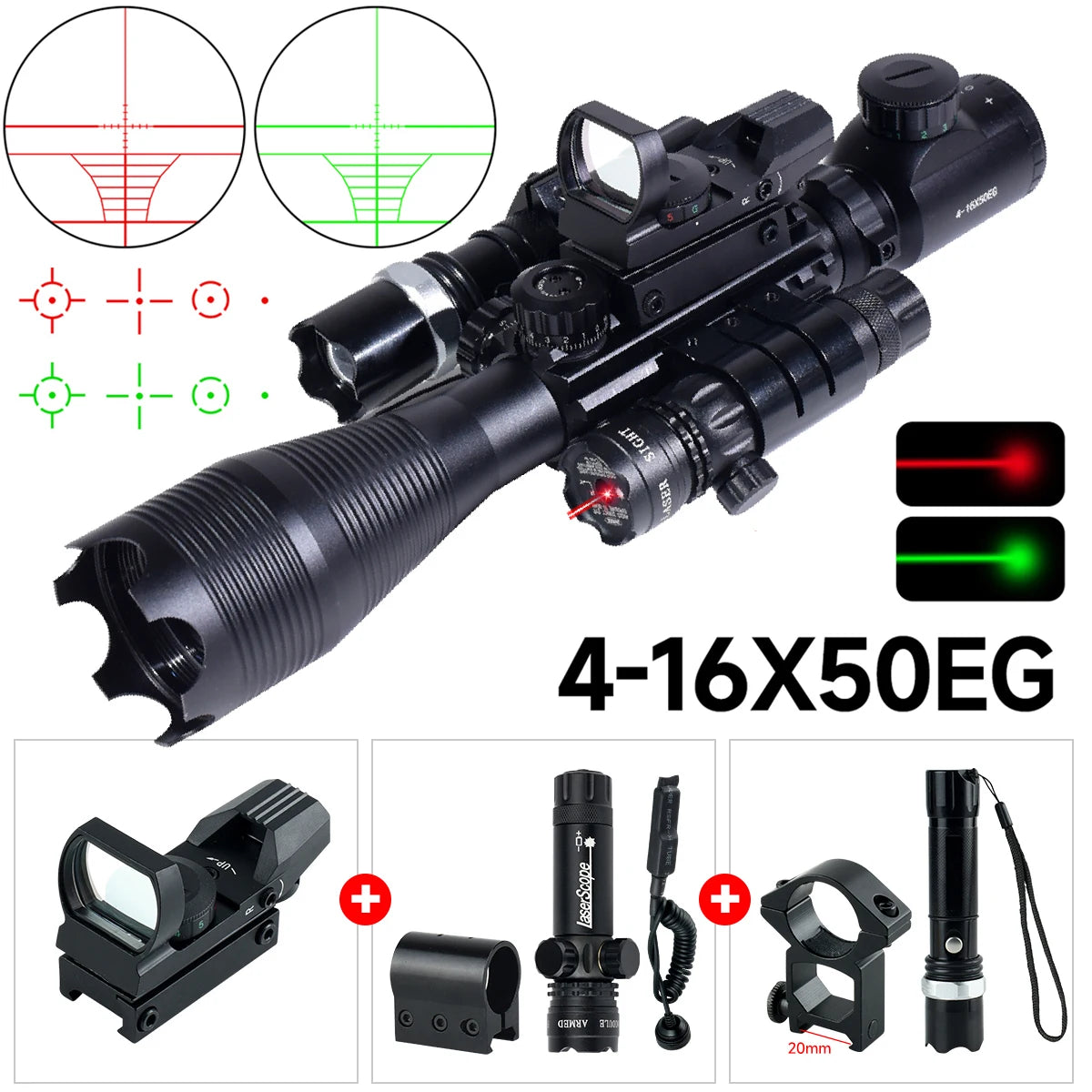 Hunting RifleScopes 4-16X50EG W/Red Dot Sight Laser Pointer Flashlight Combo Sight Adjustable Optical Scopes Fit 20mm
