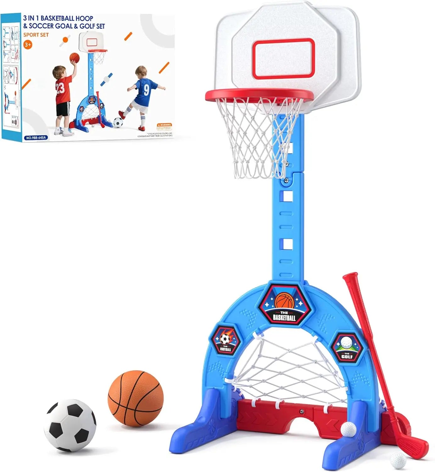 3-in-1 Sports Center with Soccer, Golf, Adjustable Basketball Hoop for Indoor Outdoor Play, Blue Toy Gift