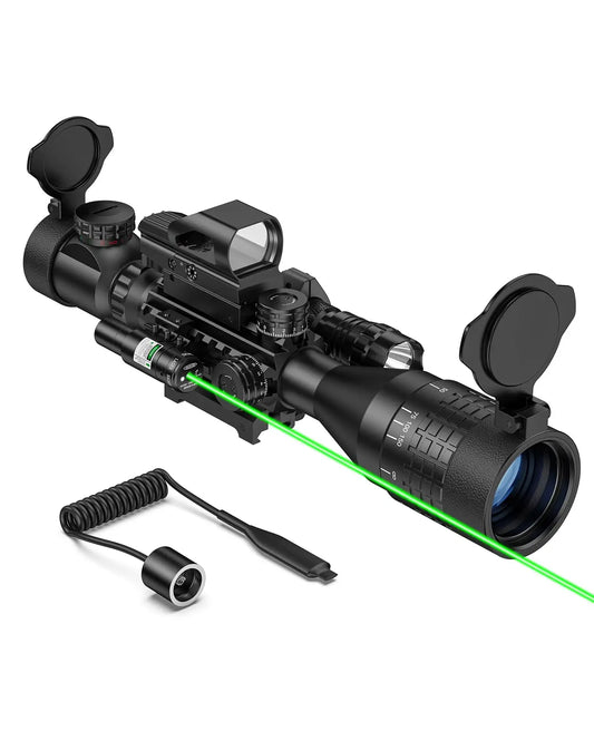 4-16X50 AO Rifle Scope Combo, Rangefinder Optics with Dual Illuminated & 4 Holographic Reticle Red Dot Sight & Green Laser Sight