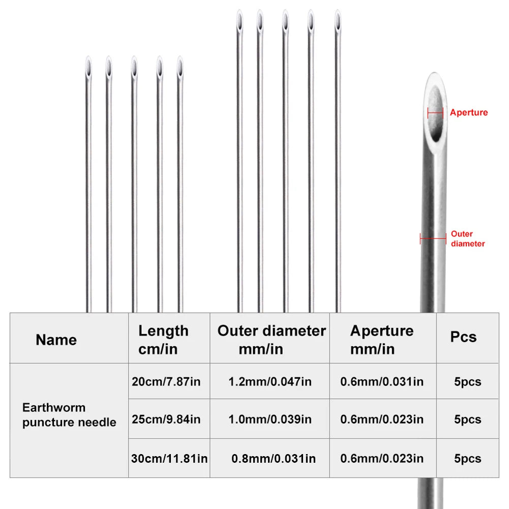 20-5 Piece Stainless Steel Earthworm Hooking Needles 20/25/30cm Portable Hollow Fishing Worm Piercing Tools for Carp Fishing