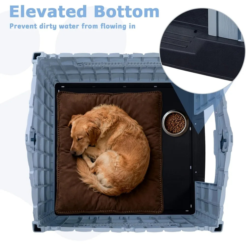 PUKAMI Large Dog House Outdoor Indoor, Plastic Dog House Weatherproof for Large Dogs, Study Puppy Shelter with Air Vents and Ele