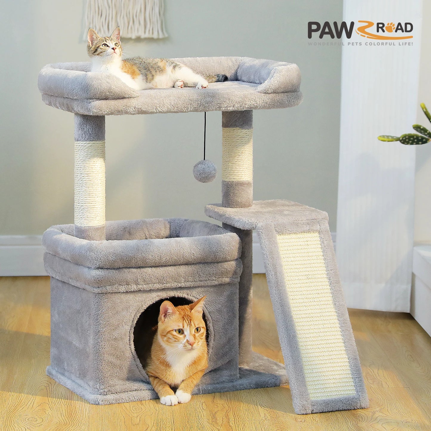 PAWZ Road Indoor Cat Tree Tower With Sisal Scratching Post And Wide Top Perch Cat Condo