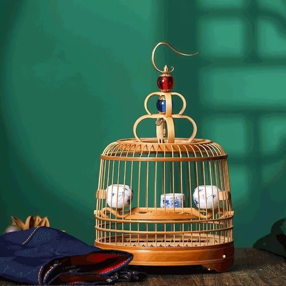 Vintage Bamboo Bird Cage with Handle, Portable Hanging Carrier for Small Parrots and Nests, Novel Design