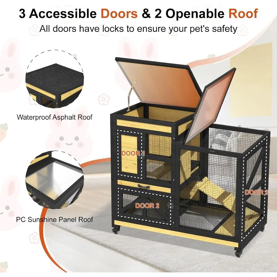 NONECN Wooden Rabbit Cage Two Story Hutch with Wheels