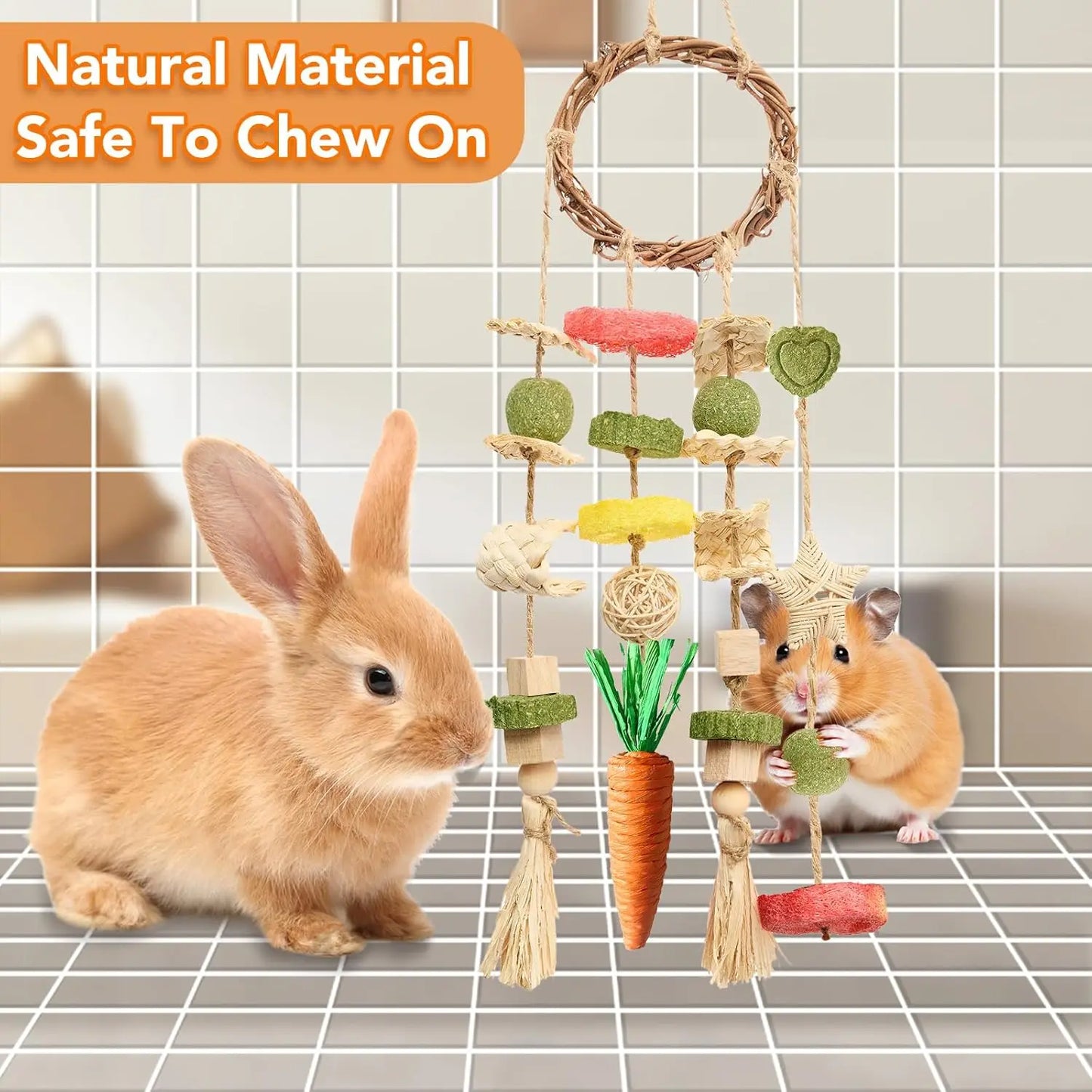Rabbit Chew Toy Hanging Rattan Ring With Treats For Bunnies Rodents