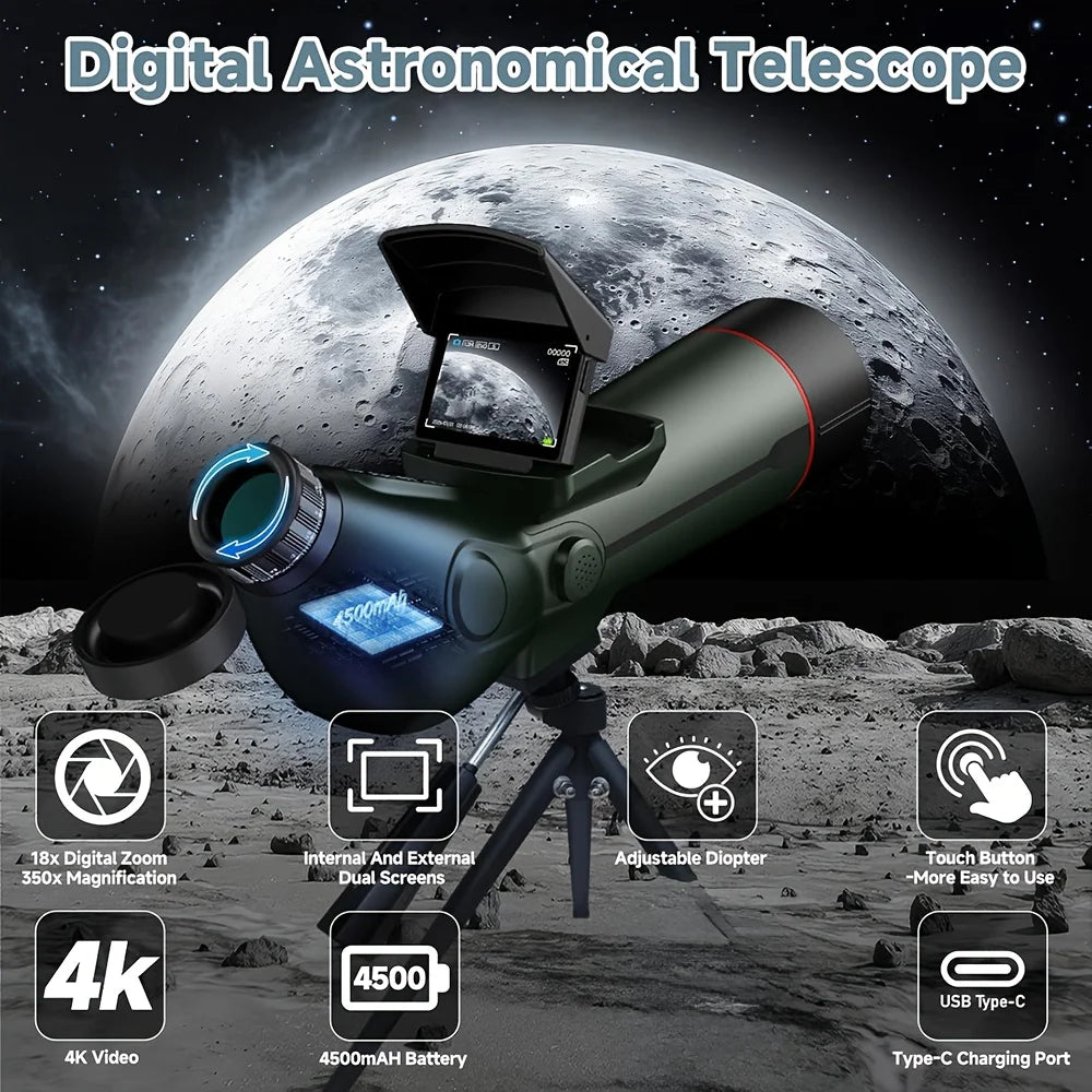 Digital Spotting Scope with Screen Portable Auto-Focus Electronic 4K Smart Telescope with Tripod 32GB SD Card and Carrying Bag f