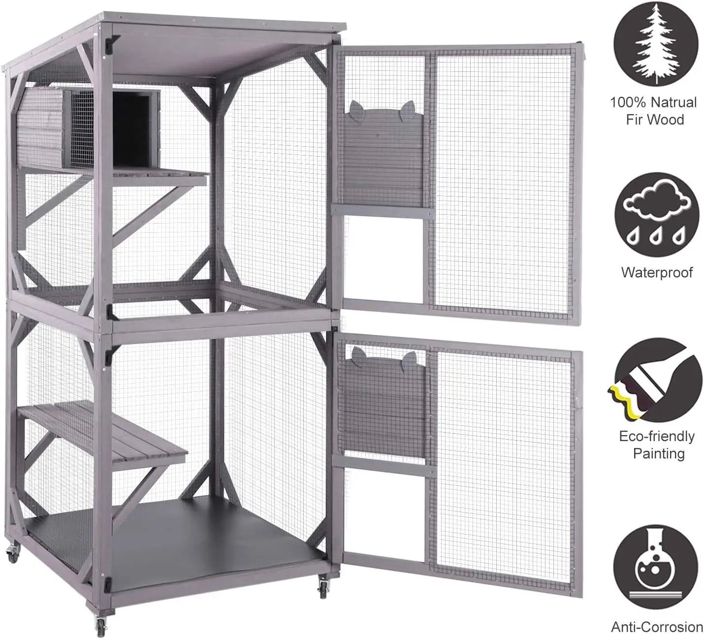 Indoor Outdoor Cattery Large Wooden Cat Cage With Wheels