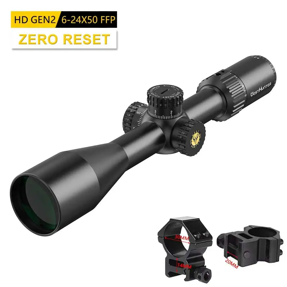 WestHunter HD GEN2 6-24X50 FFP Riflescope 1/10 MIL First Focal Plane Etched Glass Reticle Zero Reset/Zero Stop Optical Sight