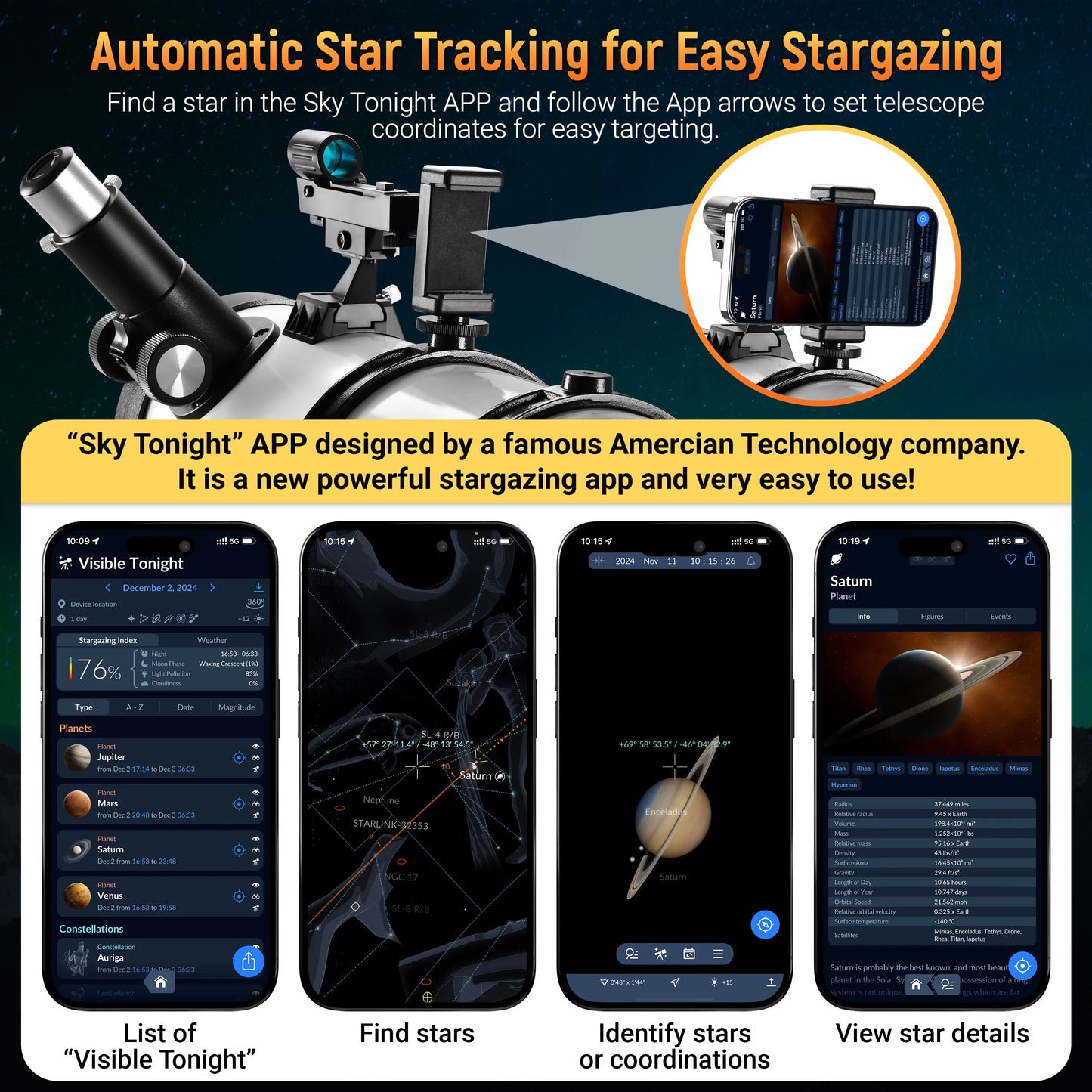 130mm Reflector Telescope with Upgrade Stainless Steel Tripod Mobile Holder Stargazing APP Max 130X for Moon Watching