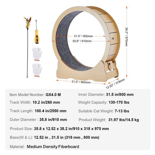 PremiumSolidWood Wooden Cat Exercise Wheel Indoor Running Solution Detachable Carpet