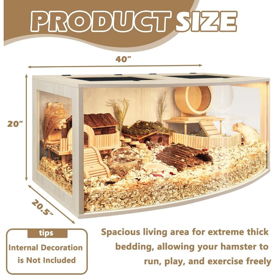 Hamster Cage Chew Proof Wood Hamsters Enclosure Openable Top with Curved Design Waterproof Small Animals Cage with Acrylic Shee