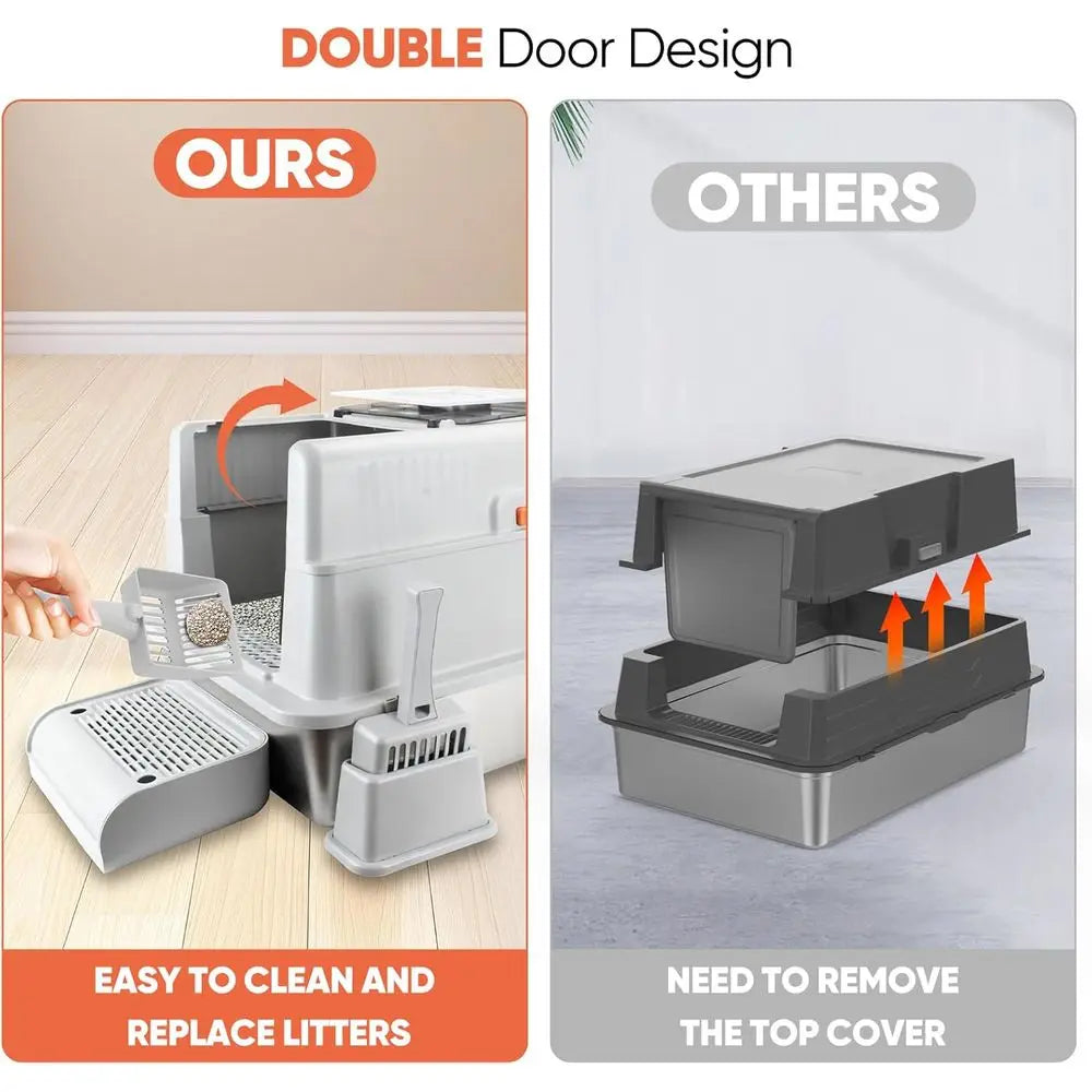 Extra Large 28 L×20 W Odor-Control Stainless Steel Cat Litter Box, 4-in-1 Cat Metal Litter Box Set, Enclosed Removable Metal Lit