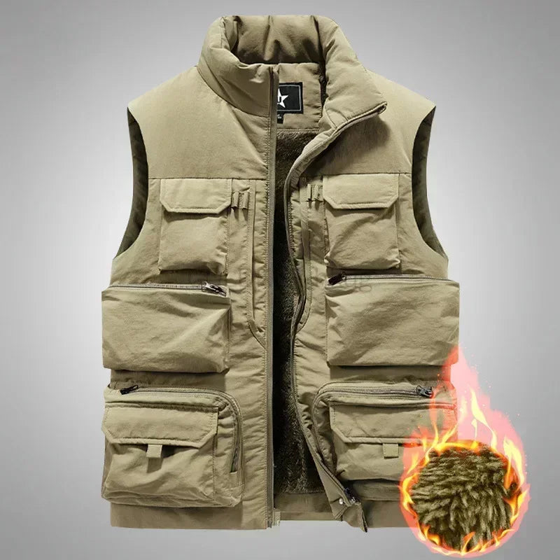 Men's New Keep Warm Fleece Work Sleeveless Jacket Slim Fit Windbreaker Fashion Many Pocket Jacket Men Winter Sleeveless Jackets
