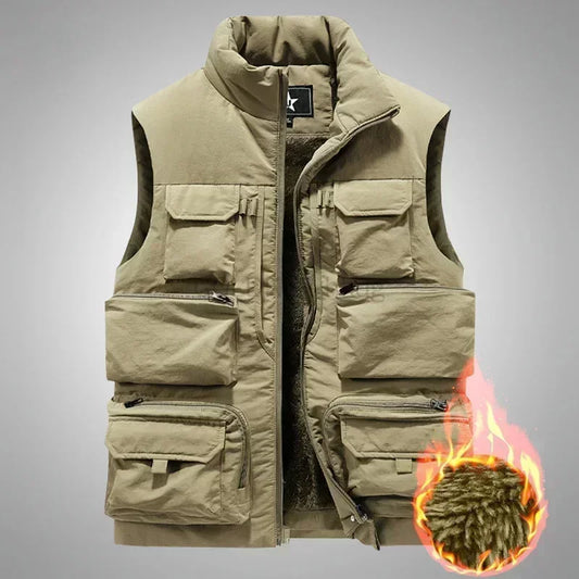 Men's New Keep Warm Fleece Work Sleeveless Jacket Slim Fit Windbreaker Fashion Many Pocket Jacket Men Winter Sleeveless Jackets