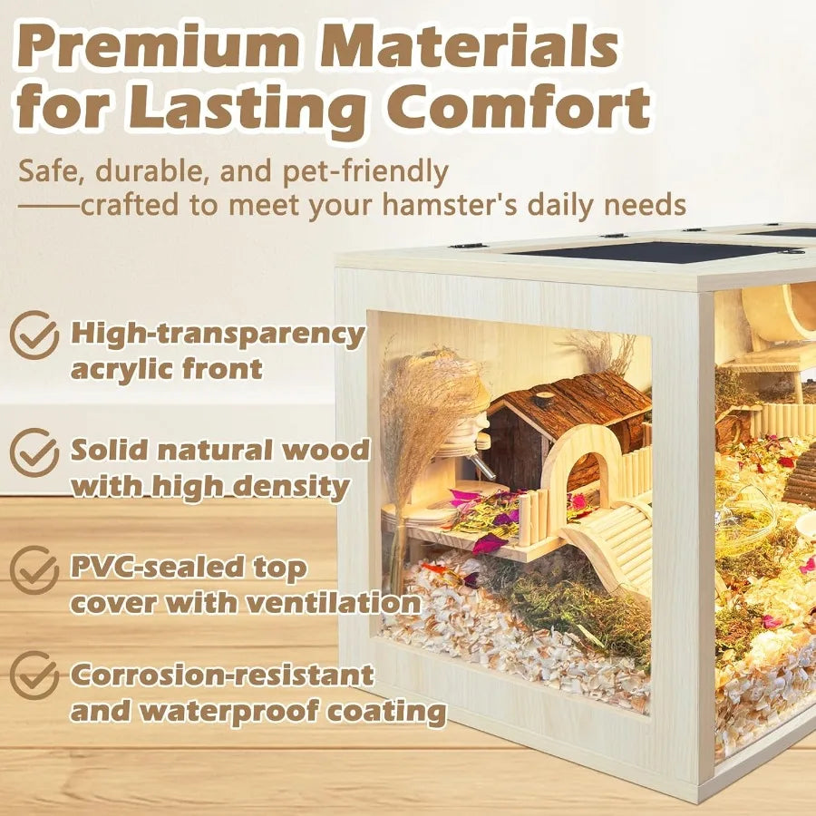 Hamster Cage Chew Proof Wood Hamsters Enclosure Openable Top with Curved Design Waterproof Small Animals Cage with Acrylic Shee