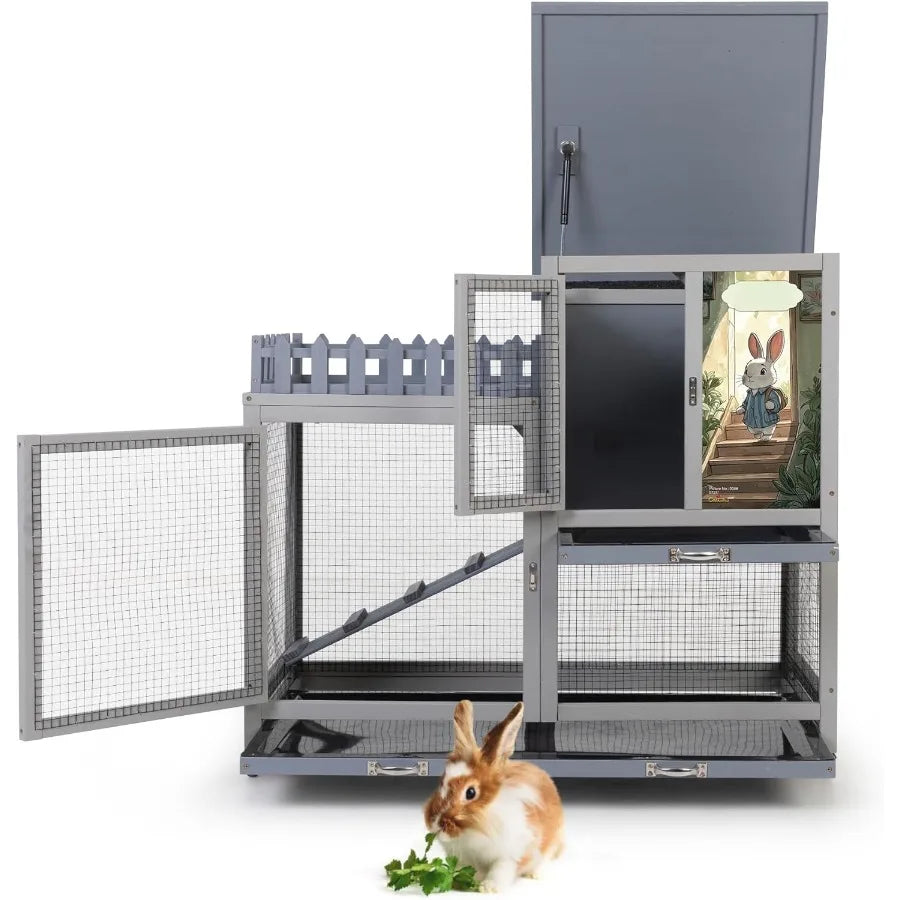 Wood Rabbit Hutch With Balcony Ramp For Indoor Outdoor Use