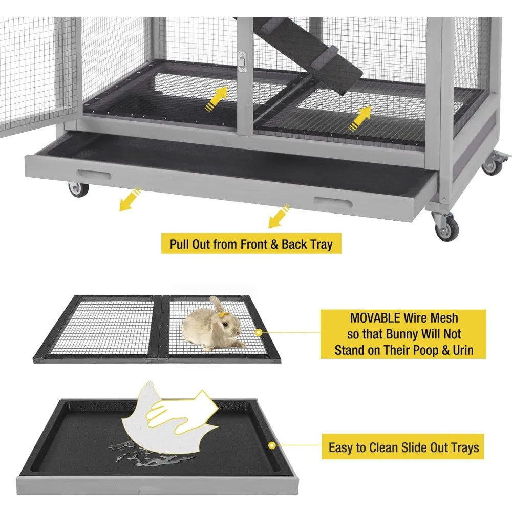 Rabbit Hutch Outdoor Cage With Wheels And Removable Wire Rack