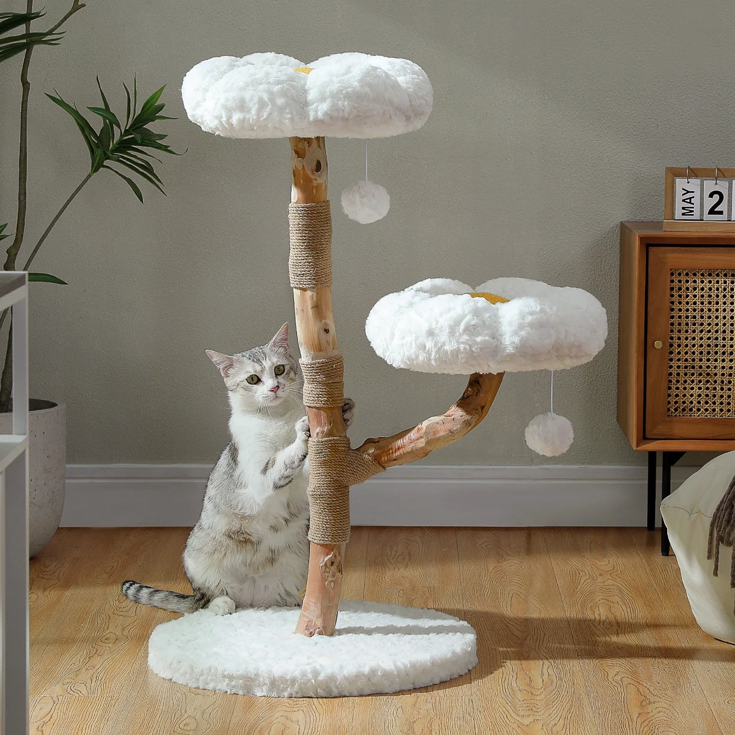 Solid Wood Cat Tree Modern Cat Tower with Spacious Cat Condo,Flower Perches,Fun Pompom,Double Comfort Perfect for Indoor Kittes