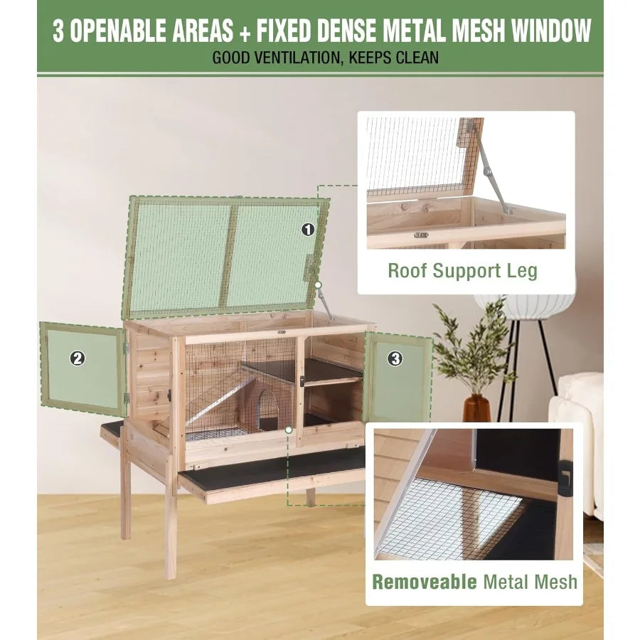 Indoor small animal cage with chewproof edges and leakproof PVC layer for guinea pigs and rabbits featuring deep clean tray and