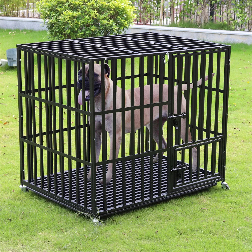 BORWAR Heavy Duty Dog Crate With Lockable Wheels And Tray