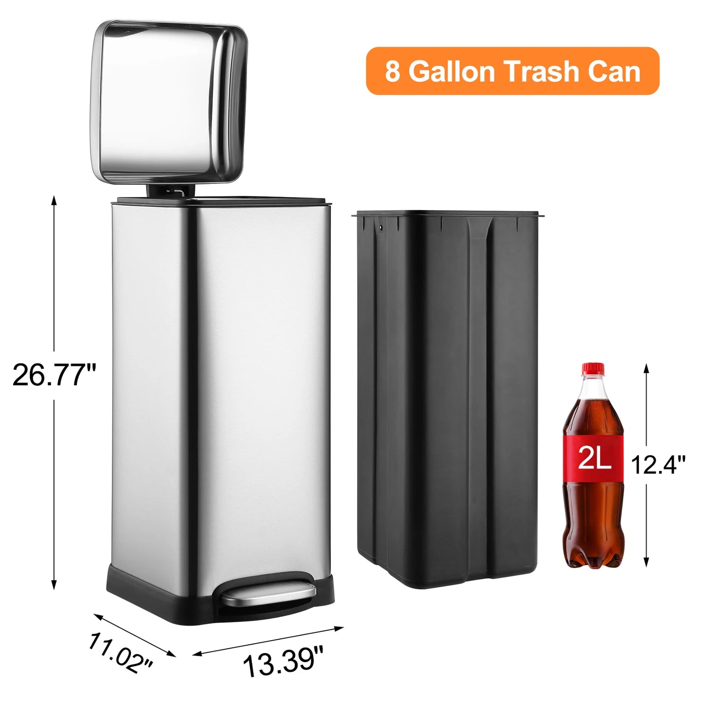 8 Gallon Step Trash Can, Square Fingerprint-Proof Garage Can with Soft-Close Lid for Home with Removable Inner Bucket
