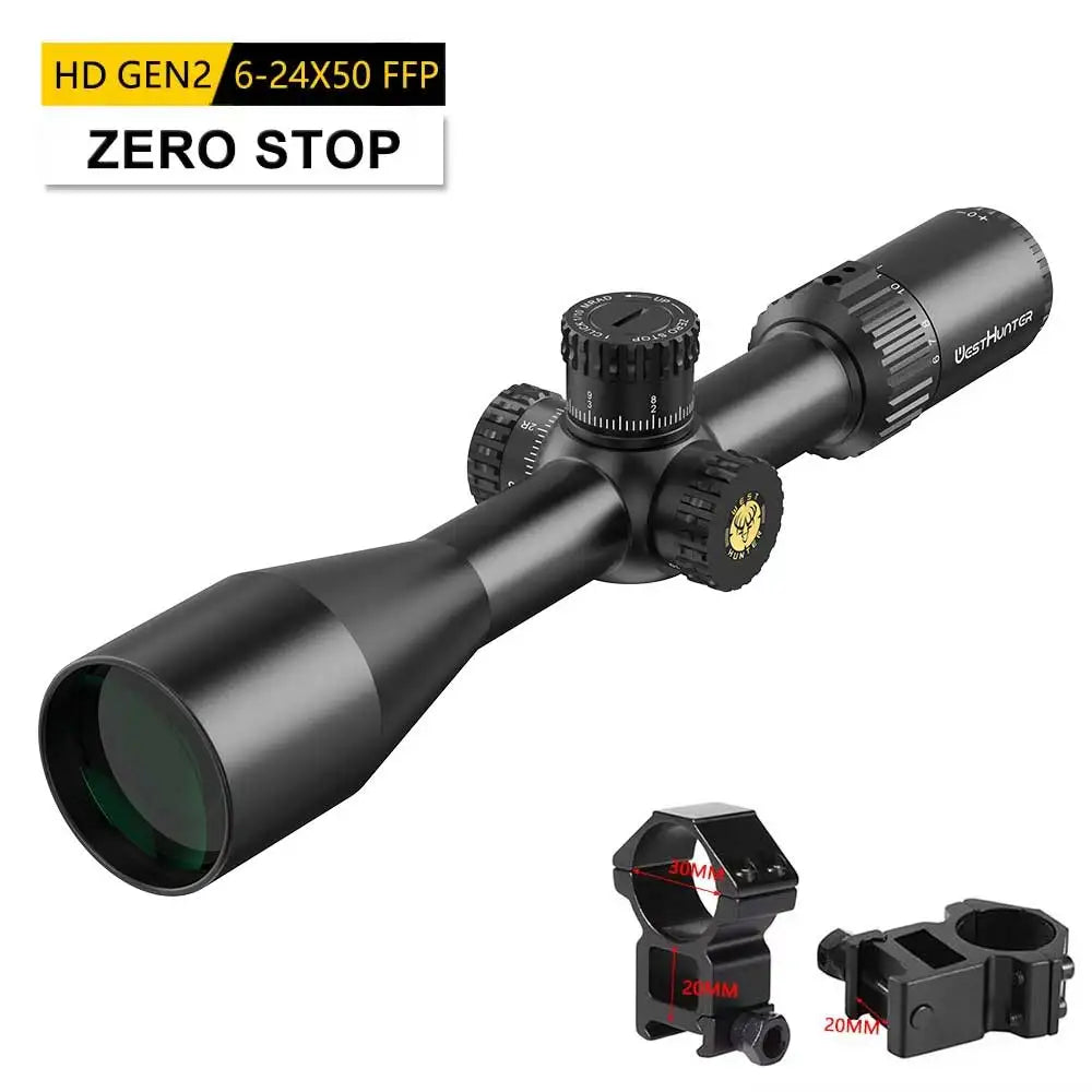 WestHunter HD GEN2 6-24X50 FFP Riflescope 1/10 MIL First Focal Plane Etched Glass Reticle Zero Reset/Zero Stop Optical Sight