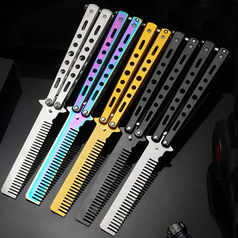 Stainless Steel Foldable Butterfly Knife Comb For Hairdressing Beards