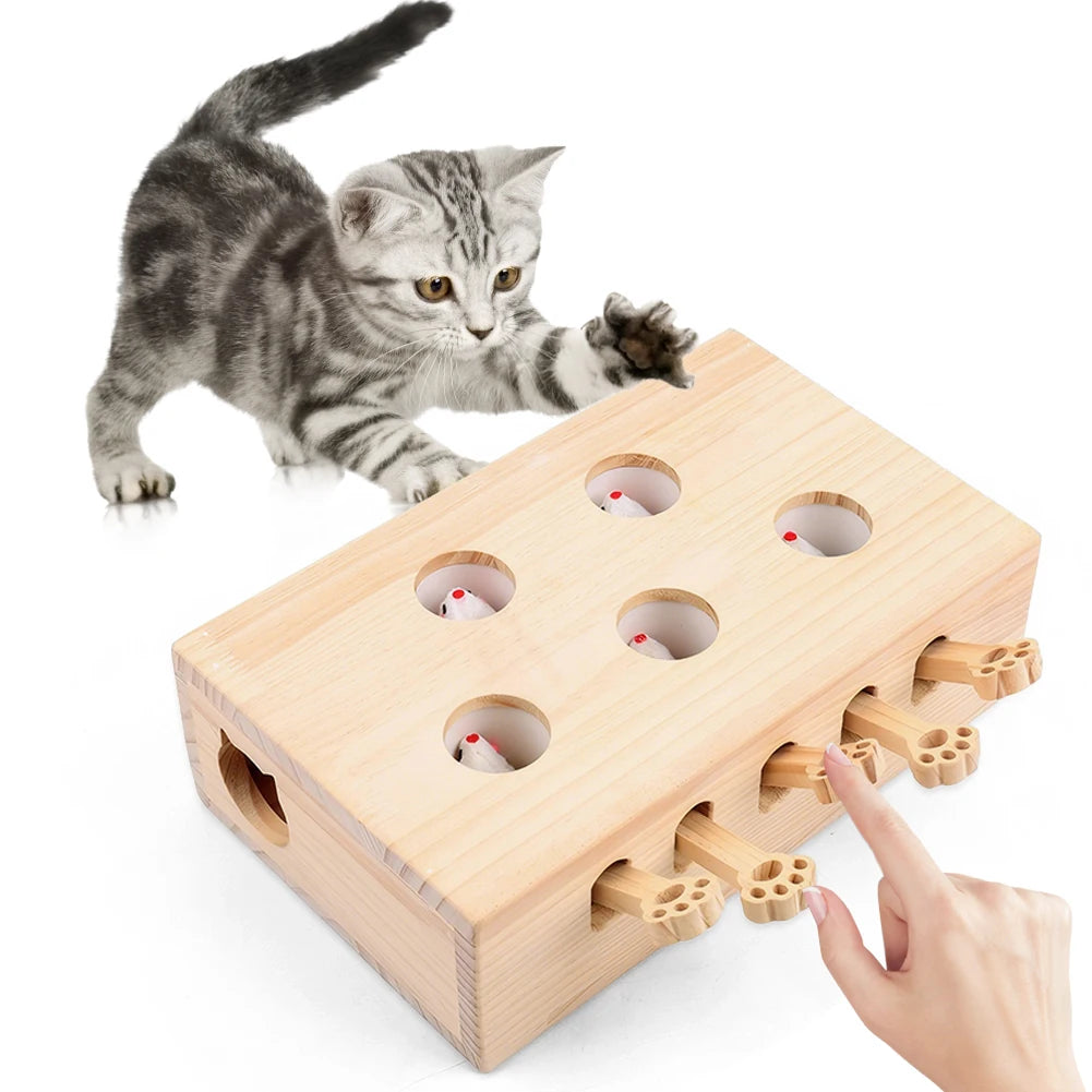 Alloyseed Wooden Whack A Mole Cat Toy Interactive Enrichment
