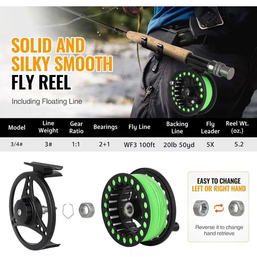 Lightweight UltraPortable Graphite Fly Fishing Rod and Reel Combo Starter Kit 4 Piece Complete Package with Carrier Bag for Out