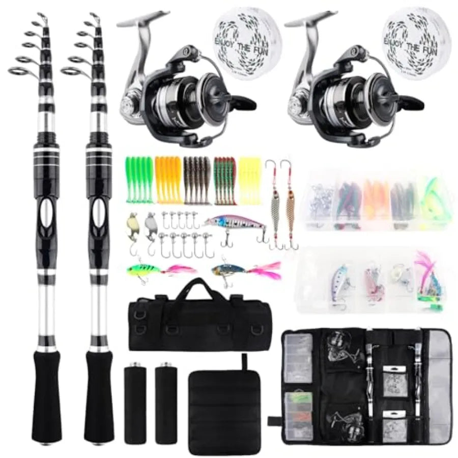 2PCS Telescopic Fishing Rods and Reels Combo Set 6.89ft Portable Fishing Pole Spinning Reel Lures Accessories with Storage Bag