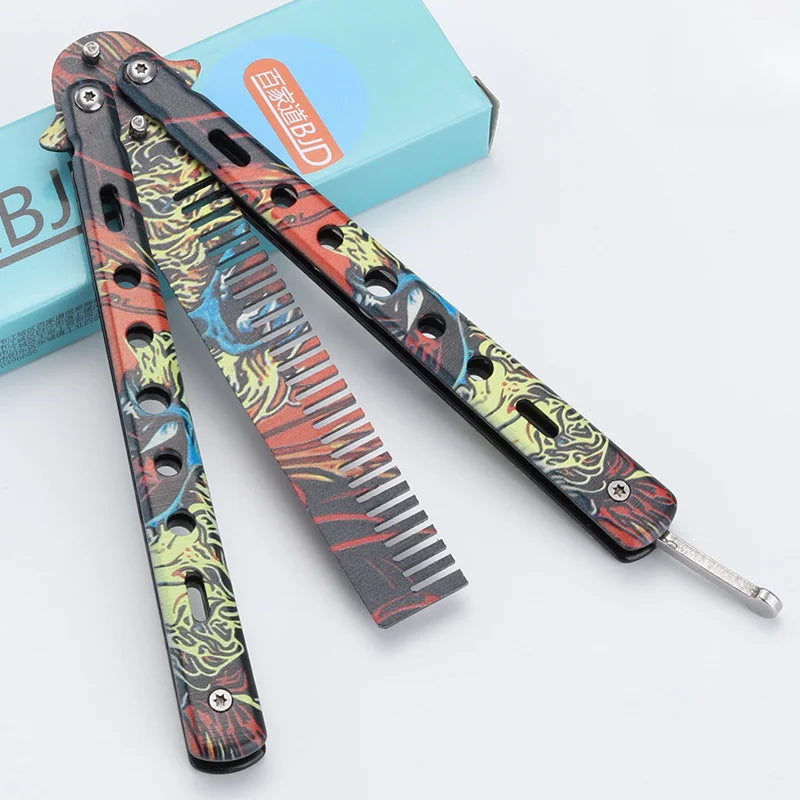 Stainless Steel Foldable Butterfly Knife Comb For Hairdressing Beards