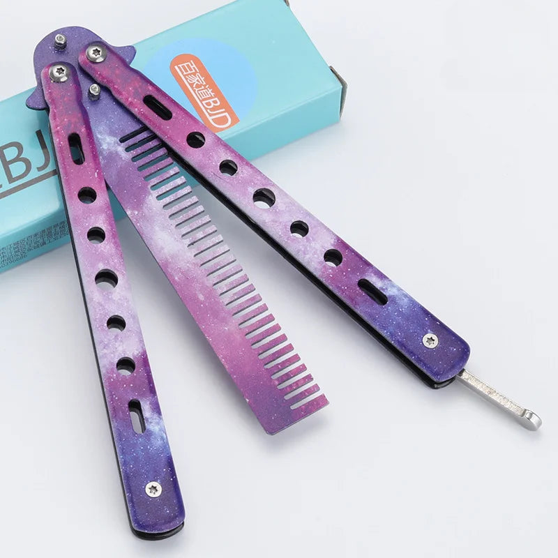 Stainless Steel Foldable Butterfly Knife Comb For Hairdressing Beards