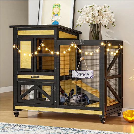 NONECN Wooden Rabbit Cage Two Story Hutch with Wheels