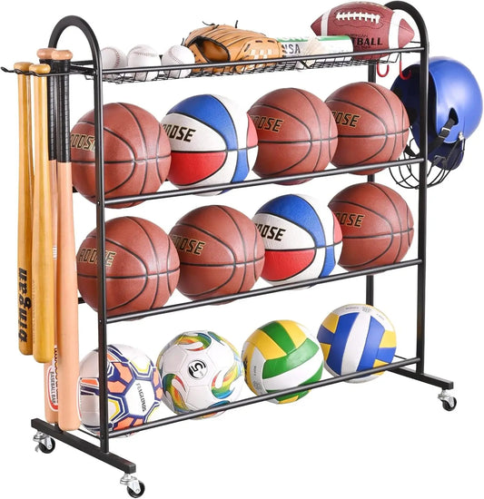 Rolling Sports Equipment Storage Rack with Wheels, Holds Basketballs, Baseball Bats, Volleyballs & Football Accessories