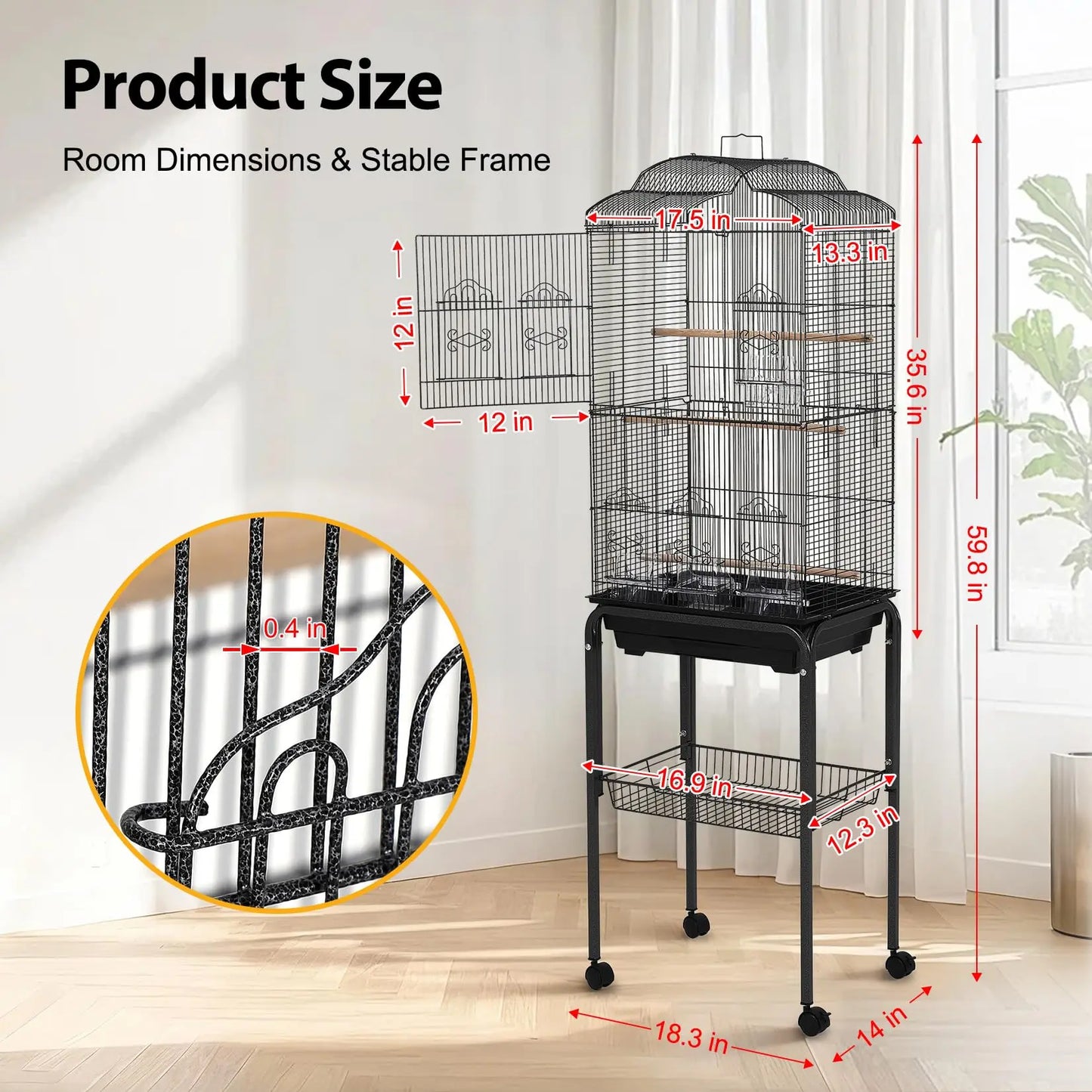 60" Rolling Parrot Cage With Play Top Storage Shelf Metal Aviary Slide Out Tray Non Toxic Locking Doors For Indoor Outdoor Use